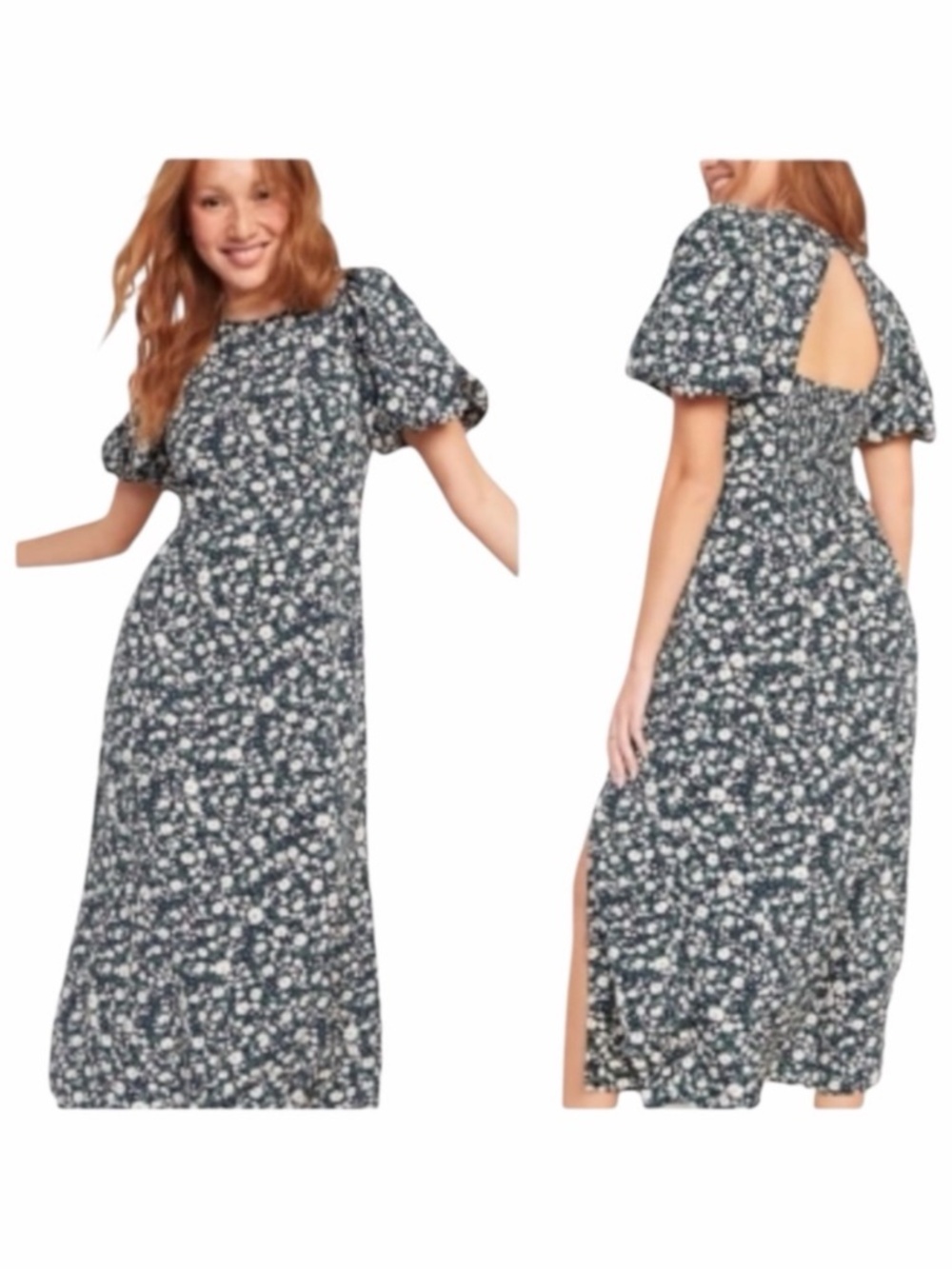 Old Navy Navy Floral Ditsy Maxi Dress with Puff Sleeves And Open-Back Sz XS